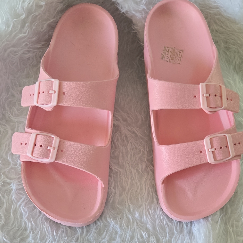 Pink EVA Double Buckle Slide Sandals Women Size 11 Waterproof Beach Shoes